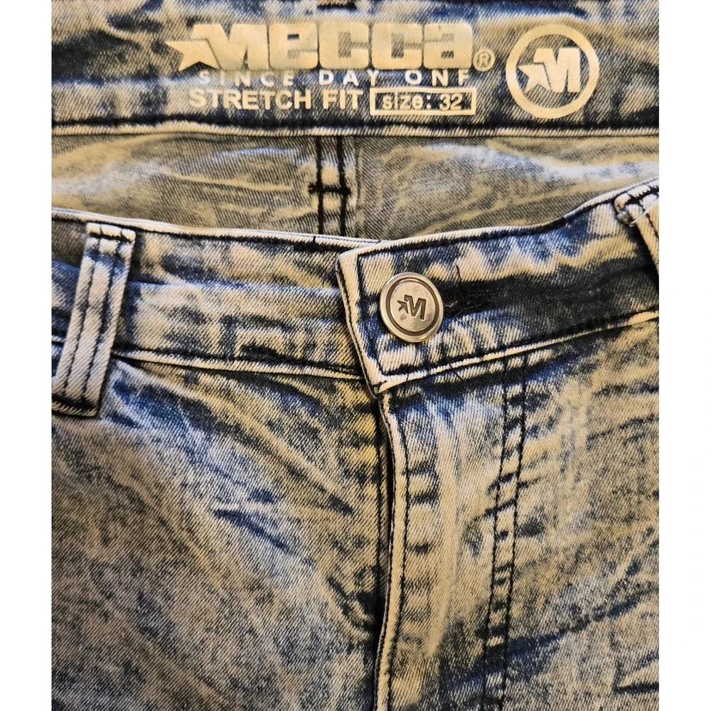MBECCA Men's Denim Biker Shorts‎ Acid Wash Blue Moto Stretch Fit 32